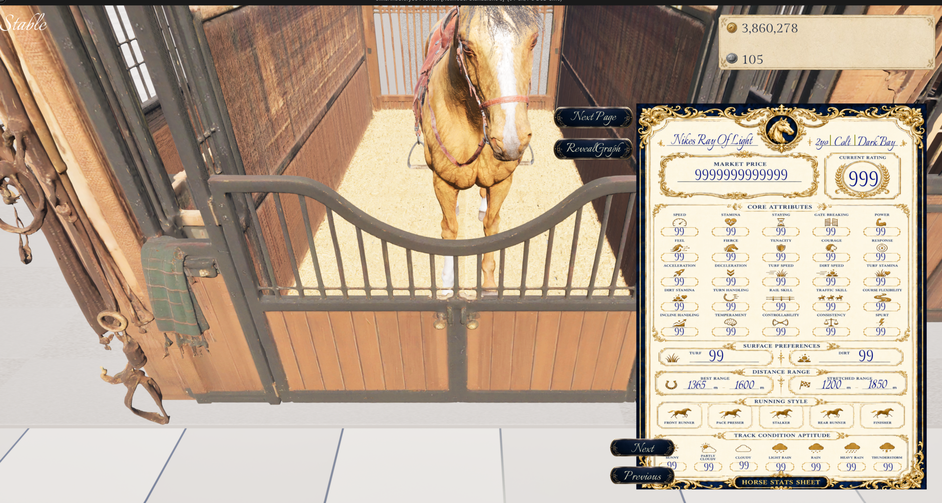 Horse displayed inside the developing stable interior with a detailed stats sheet